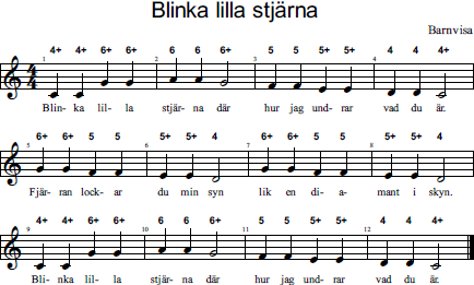 Blinka lilla stjärna noter, siffror och text