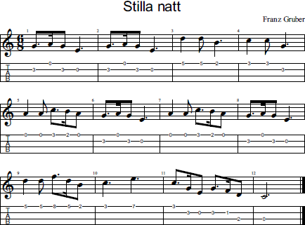 Stilla natt Syne ukulele tabs och note